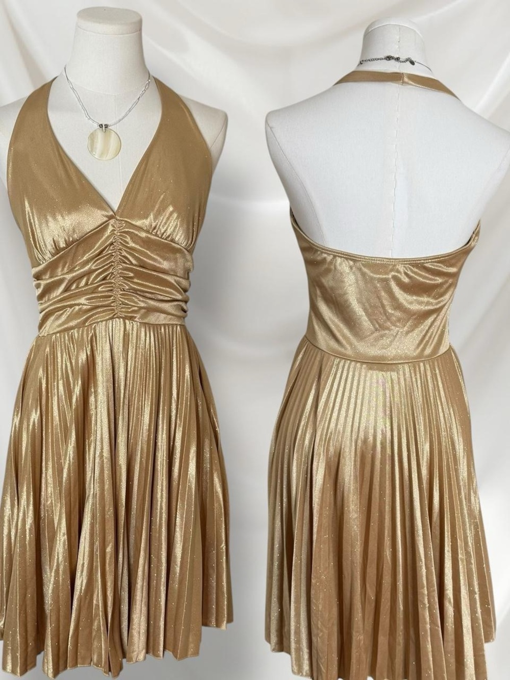 Metallic Gold Halter Ruched Fit-and-Flare Dress